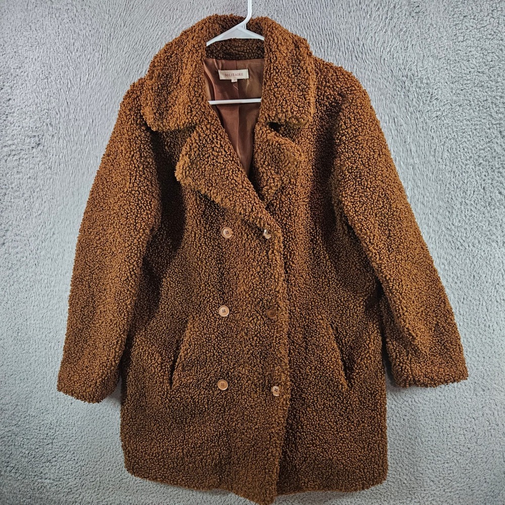 Solitaire Brown Teddy Coat Womens Small Faux Shearling Double Breasted